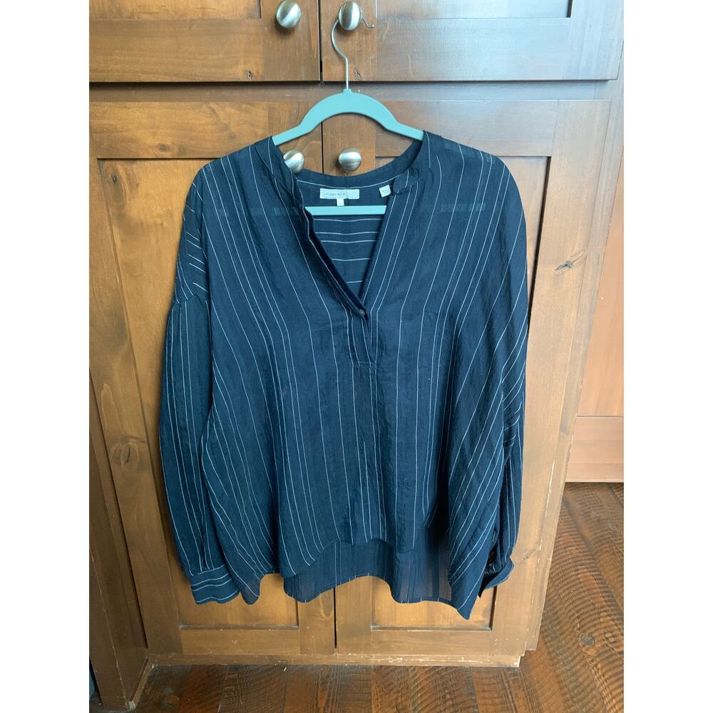 Vince Navy White Pinstripe Relaxed Pullover Blouse Long Sleeve V-Neck Size L